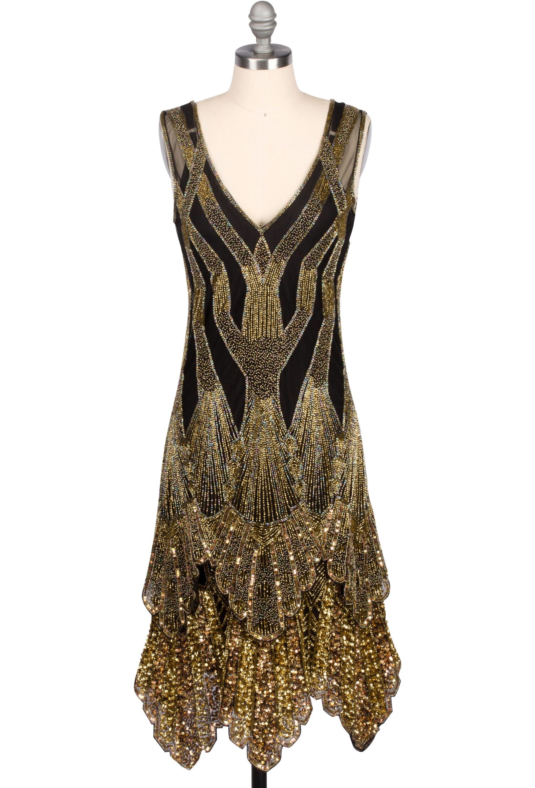 1920's HANDKERCHIEF SCALLOP PANEL ART DECO GOWN - GOLD ON BLACK - THE ...