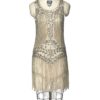 1920'S VINTAGE FLAPPER BEADED FRINGE GREAT GATSBY BRIDAL DRESS CHAMPAGNE SILVER