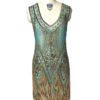 LUXURY 1920’S ART DECO VINTAGE FLAPPER BEADED FRINGE GATSBY GOWN ANTIQUE GOLD ON TURQUIOSE